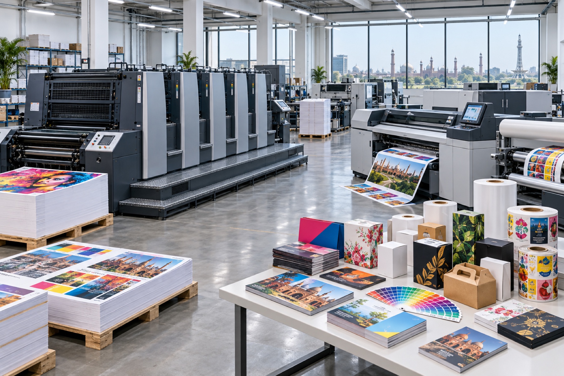 Modern commercial printing facility in Lahore with offset and digital presses, packaging and printed work