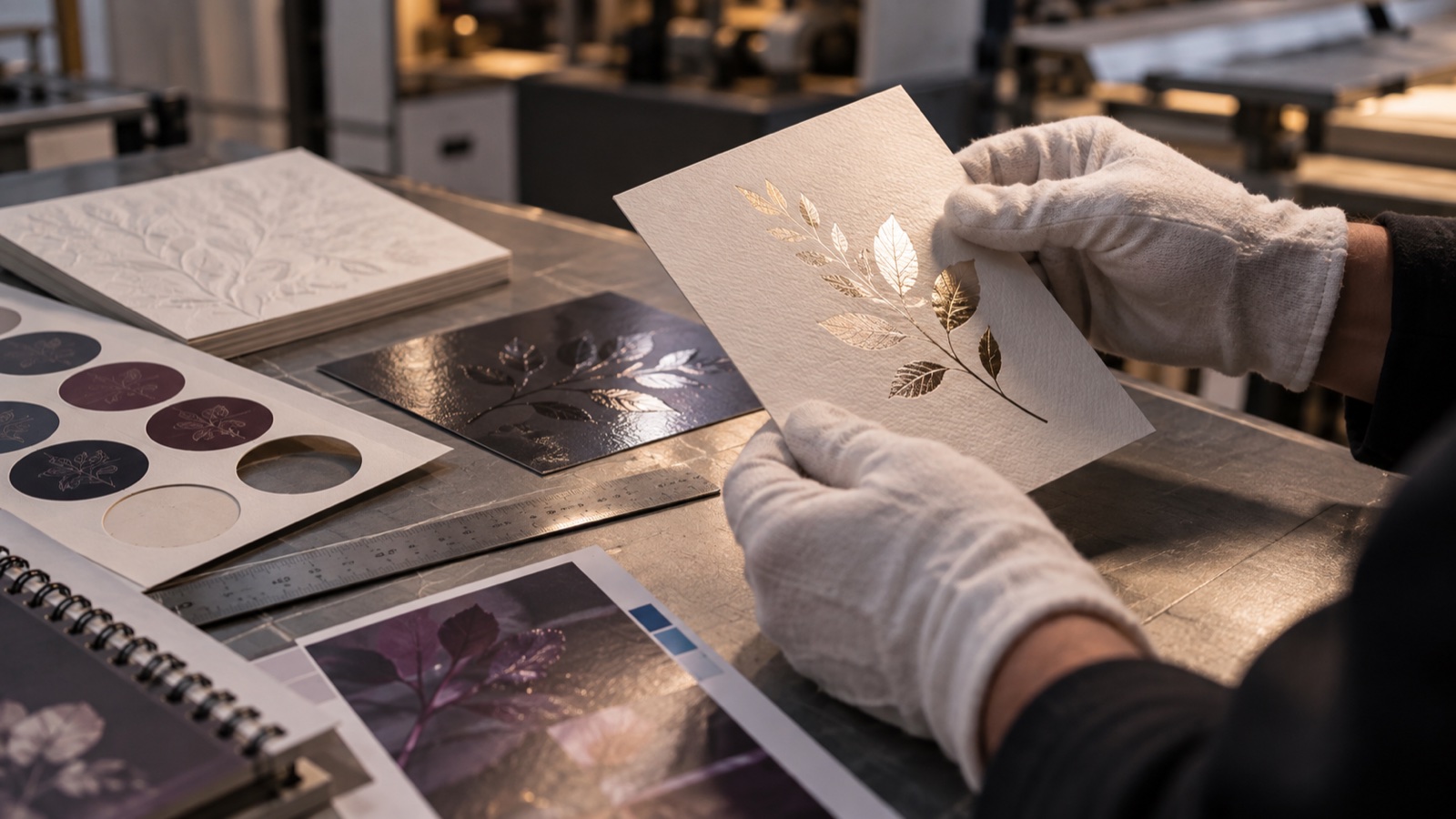 Hands inspecting premium foil, embossed, spot-UV and die-cut print finishes