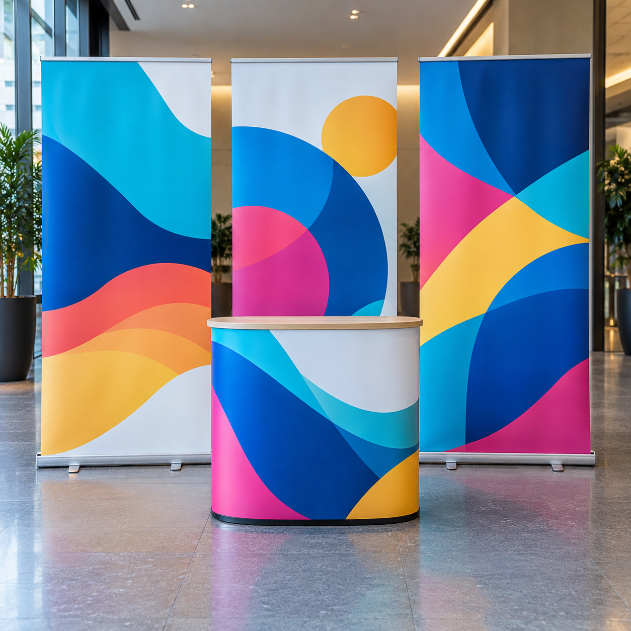 Three complete retractable display banners and a branded promotional counter